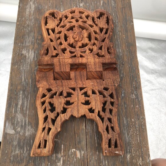 Vintage Teak Wood Book Holder Stand Hand Carved Floral Leaf Design Folding Decor - Picture 2 of 12